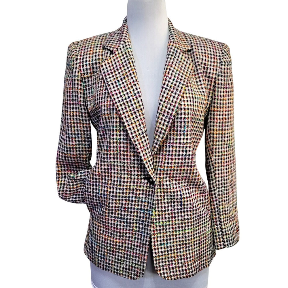 Vintage Multi Color Confetti Tweed‎ Blazer Rainbow Grid Single Button Jacket XS